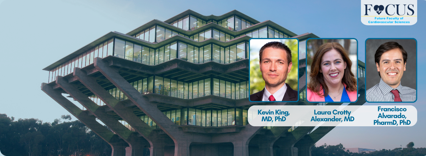 With UC San Diego Geisel Library in the background, this graphic displays the FOCUS program logo and portraits of the speakers, Drs. King, Crotty Alexander, and Alvarado.